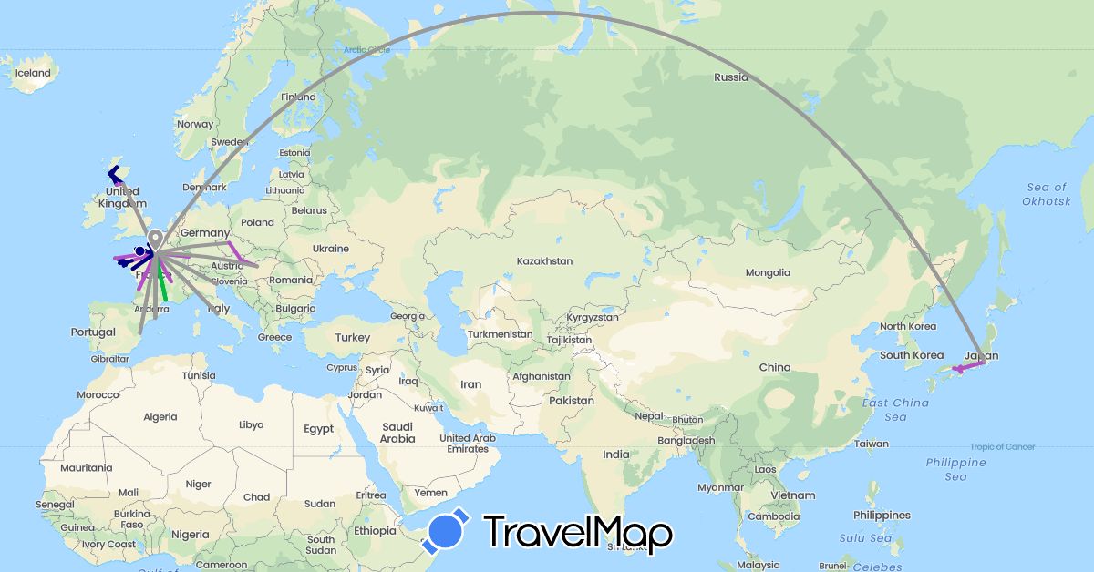 TravelMap itinerary: driving, bus, plane, train in Austria, Czech Republic, Spain, France, United Kingdom, Hungary, Italy, Japan (Asia, Europe)
